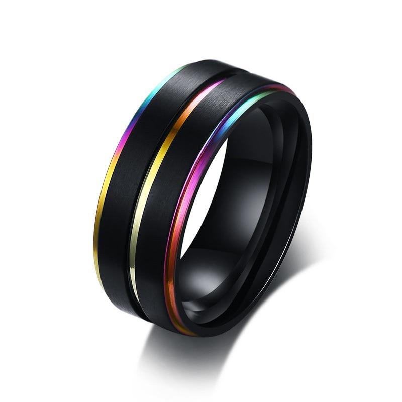 Modern Black Stainless Steel Elegant Ring For Men With Rainbow Line Classic Male Wedding Band Luxury Multi Color Great Jewelry Fraternal Rings