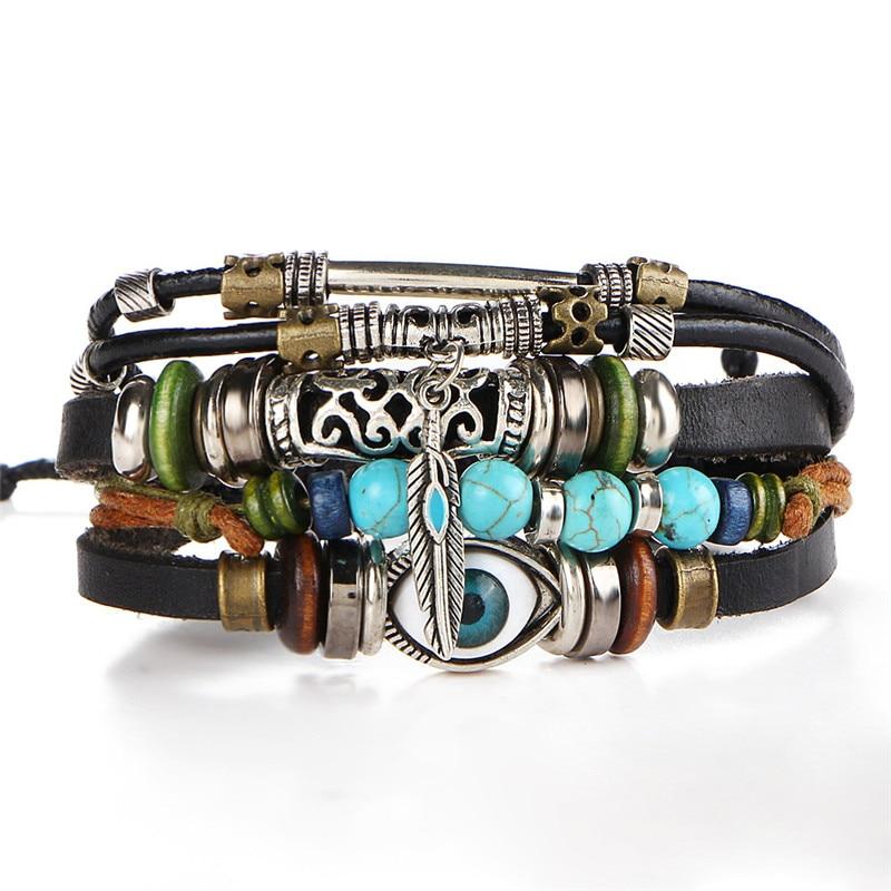 BOHO Tibet Stone Feather Multilayer Leather Bracelet Eye Fish Charms Beads Bracelets For Men Vintage Punk Wrap Wristband Cool Jewelry