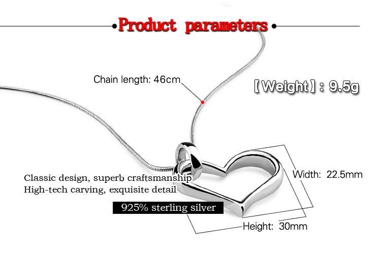 Modern 925 Sterling Silver Luxury Heart Pendant Fashion Women Snake Chain Charming Lady Necklace