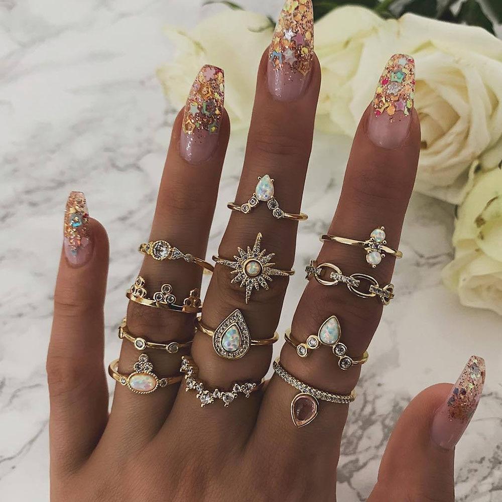 Trend Boho Vintage Gold Star Moon Rings Set For Women In Opal Crystal Ring Design Female Bohemian Jewelry  Style