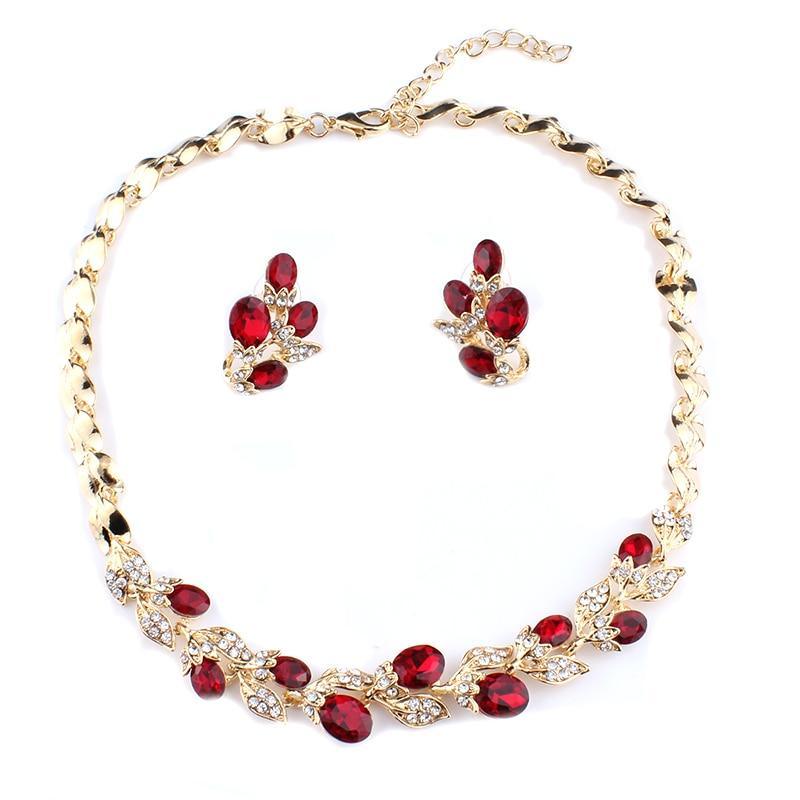 Luxury Elegant Woman HIgh Quality Diamond Wedding Jewelry Sets for Women Red Black White Necklace Earrings Sets of Chain