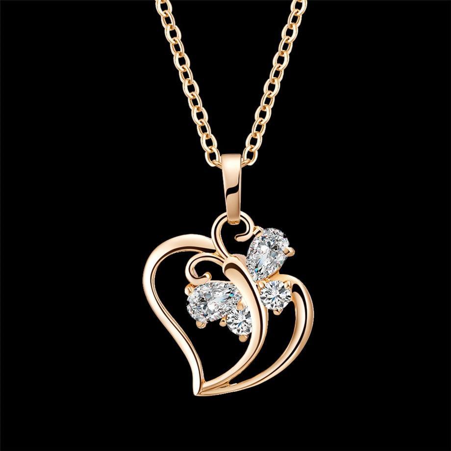 Luxury Diamond Shiny Trendy Cubic Zirconia Butterfly Heart Necklace Pendant For Women InGold Color Neck Chain For Ladies New Jewelry Collection