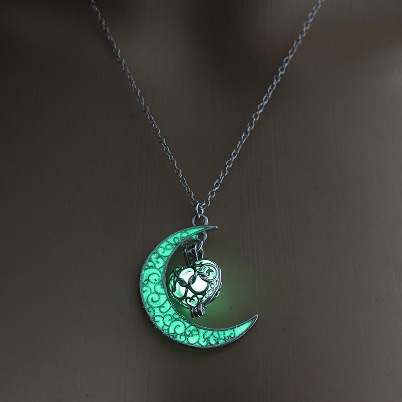 Modern Amazing Moon Glowing Necklace Gem Charm Elegant Jewelry Silver Plated Women Halloween Pendant Hollow Luminous Stone Pendant Perfect Necklace Gifts