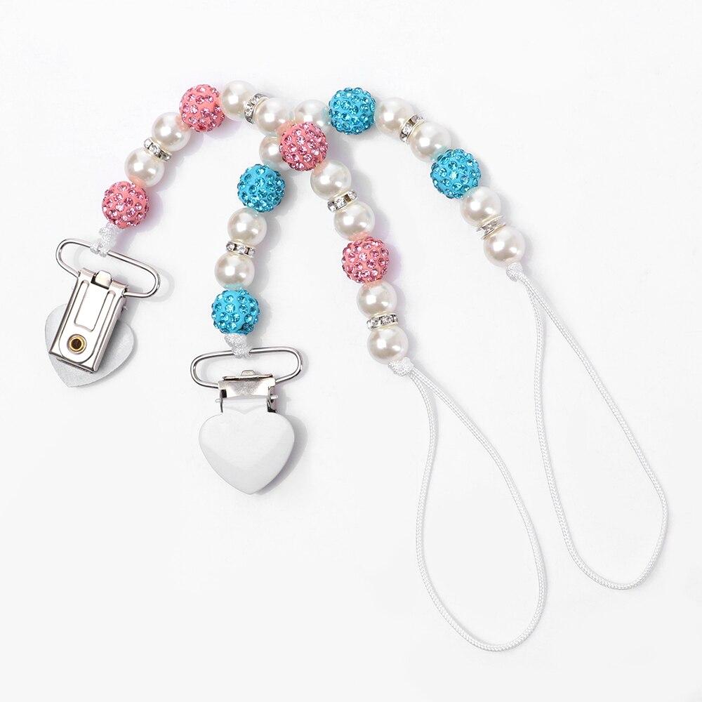 Handmade Shiny Pacifier Clip Chain Infant Nipple Holder Wooden Beaded Crystal Nipple Leash Strap Metal Pacifier Clips For Baby