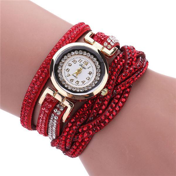 Fashion Casual Gold Quartz Women Rhinestone Watch Braided Leather Bracelet Watch Gift Ladies Wristwatch For Ladies  and Women