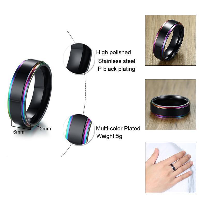 Modern Black Stainless Steel Elegant Ring For Men With Rainbow Line Classic Male Wedding Band Luxury Multi Color Great Jewelry Fraternal Rings