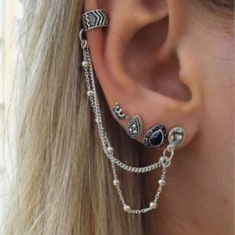 Vintage Fashion Earrings Set Bohemia Crown Water Droplets Chain Gem Stud Earrings For Women