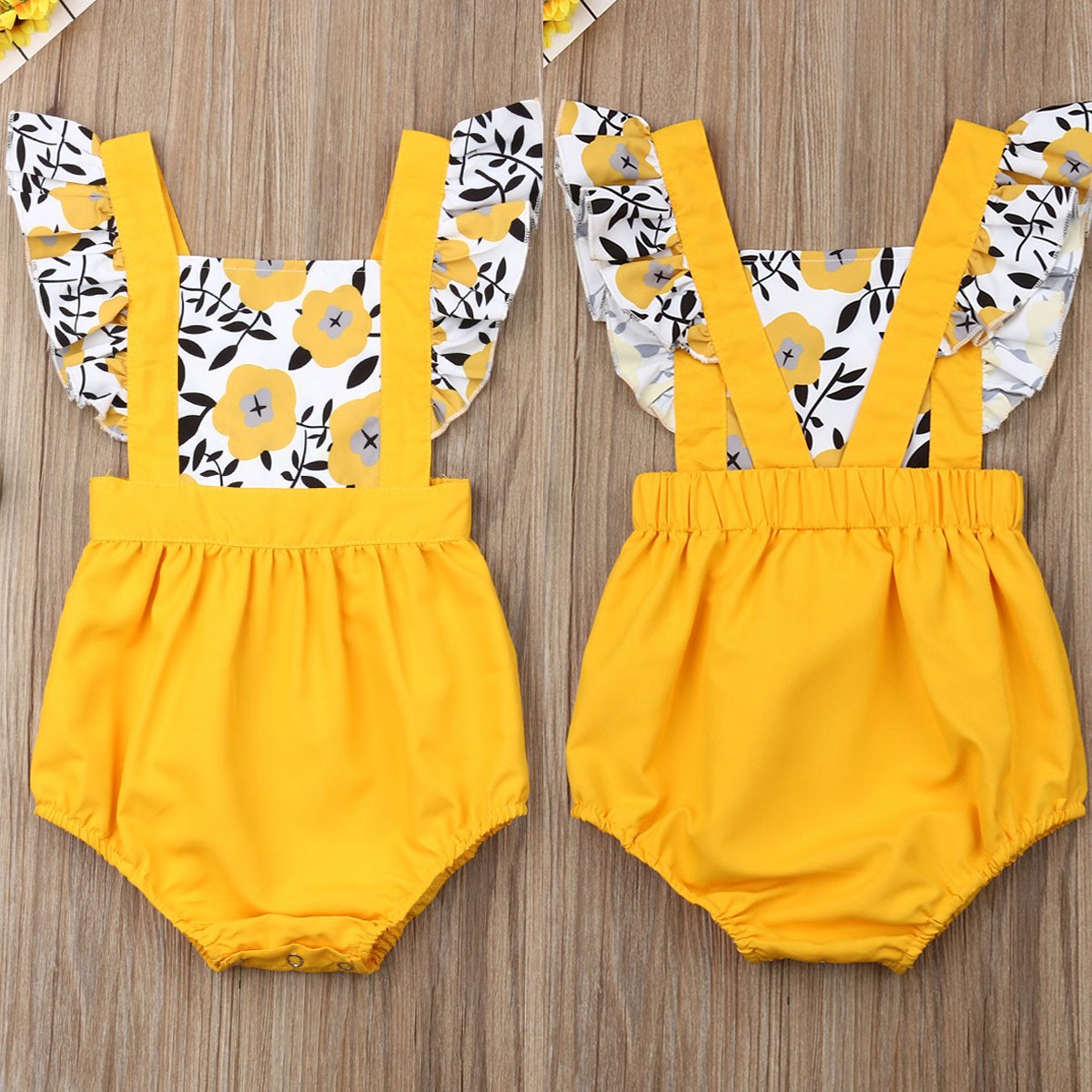 Summer Newborn Baby Girl Clothes Fly Sleeve Sunflower Print Romper Jumpsuit One-Piece Outfit  For Girls