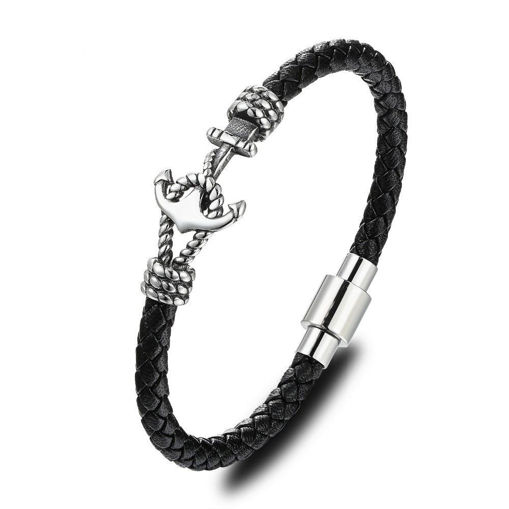 Modern Design Popular Black Leather Anchor Luxury Bracelet For Men Stainless Steel Leather Bracelet Elegant And Couple Bracelet