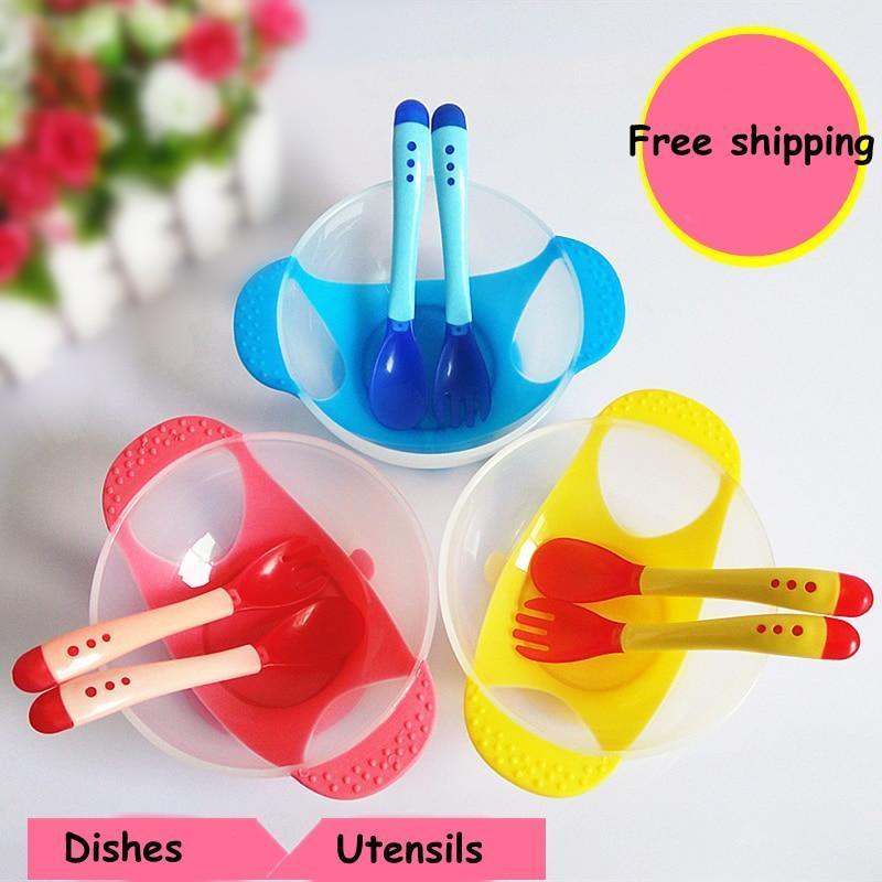 3Pcs Set Baby Dishes With Suction Cup Assist Food Bowl Temperature Sensing Spoon Baby Tableware Baby Utensils Spoon+Fork