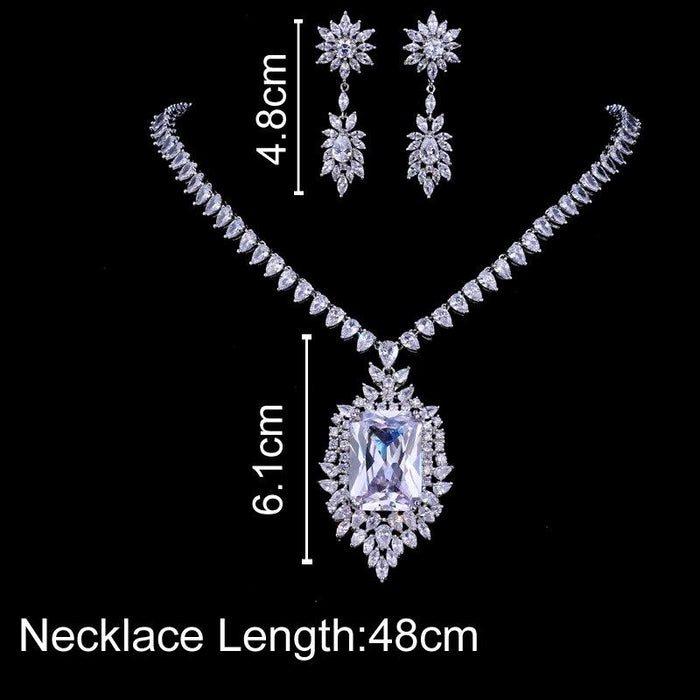 Luxury Retro Modern Cubic Zirconia Rectangul Royal Blue Bridal Wedding Evening Earring Necklace Jewelry Set For Women and Ladies With Diamond