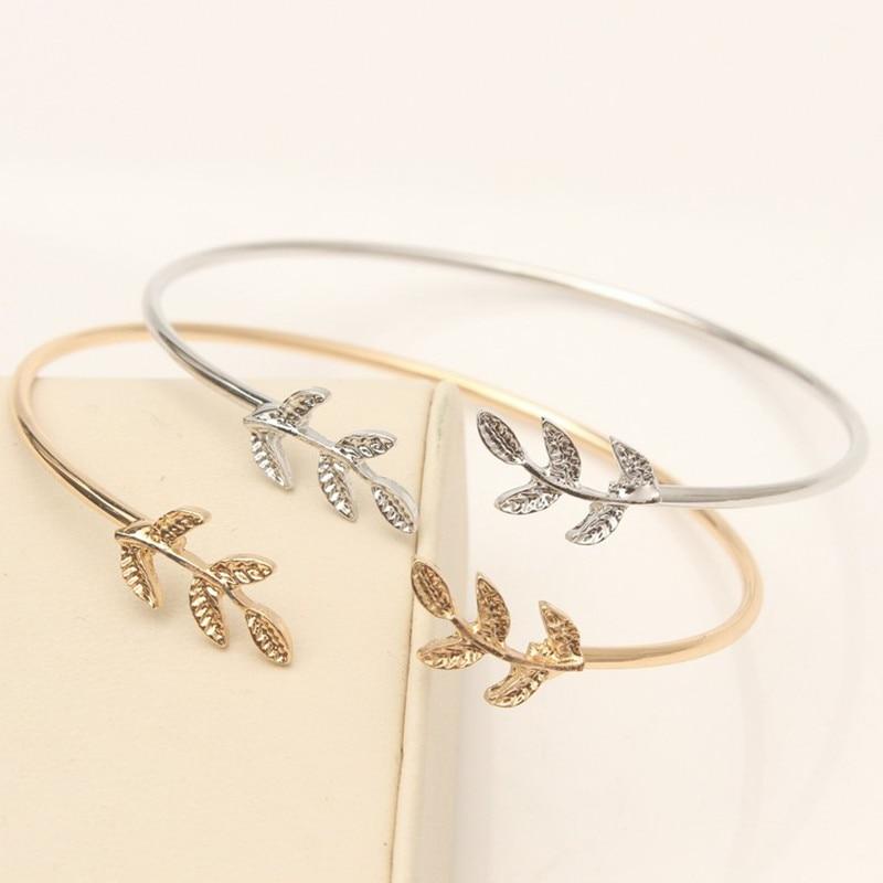 Elegant Silver Gold Leaf Fashion Simple Gold Silver Plated Cuff Bracelets For WomenIn Modern Jewelry style