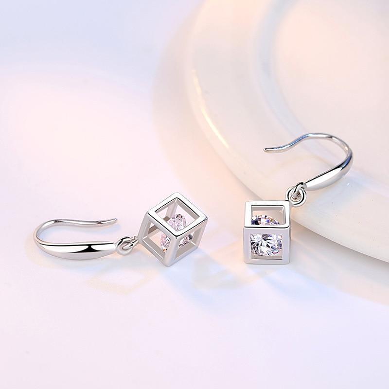 New Style Stamp Silver Color Jewelry Luxury Sets Zircon Elegant Square Cube Necklace Earrings Bracelet For Women