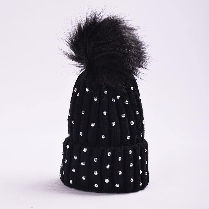 Luxury Baby Kids Pompom Newborn Baby Hat Cap Knitted Warm Hats With Rhinestone for Baby Girl/Boy Beanie Soft Toddler Hat