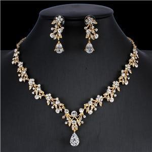 Classic Bridal Jewellery Sets for Women's Dresses Accessories Cubic Flower Necklace Earrings Set Gold Color