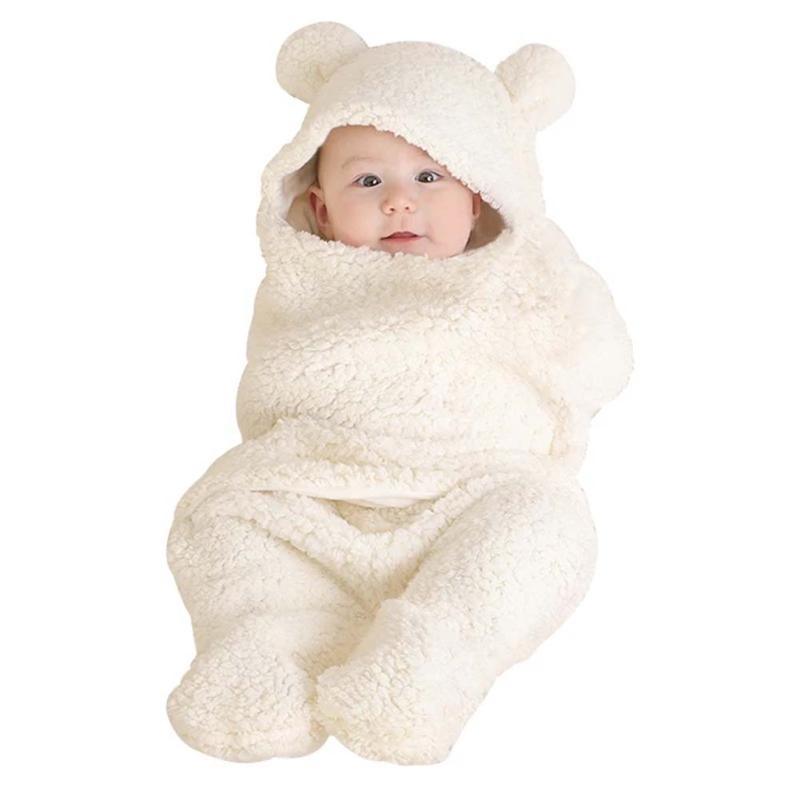 Winter Baby Blanket Cute Cartoon Bear Ears Newborn Swaddle Wrap Warm Unisex Infant Sleeping Bag Soft Envelope Kids Bedding Blanet for Baby