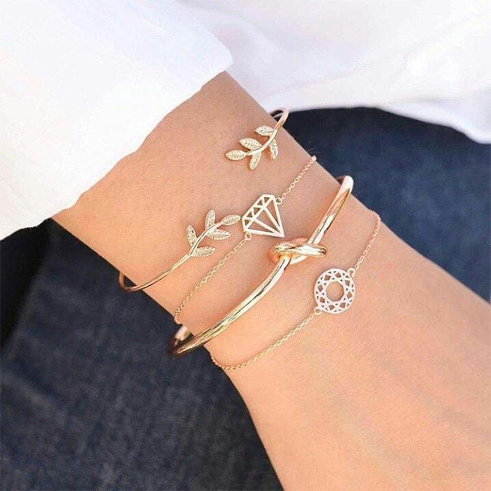 Fashion Bohemia Leaf Round Knot Cuff Bangle Gold Chain Charm Bracelet  for Women Simple Geometric Bracelets Luxury Jewelry