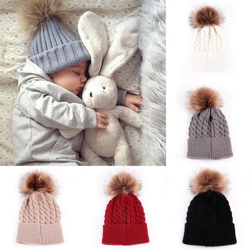 2Pcs Modern Mother & Baby Child Warm Winter Beanie Fur Pom Hat Crochet Ski Cap For Winter