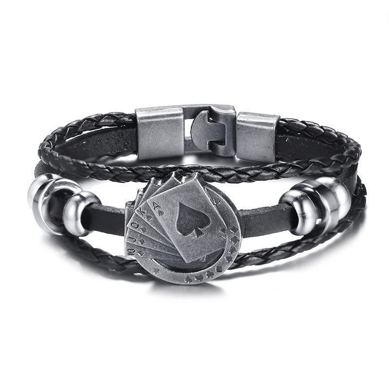 Lucky Vintage Men's Leather Bracelet Playing Cards  Charm Multilayer Braided Men and Women Gift