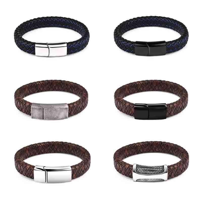 Handmade Luxury Modern Leather Black Blue Braided Leather Bracelet for Men Stainless Steel Design