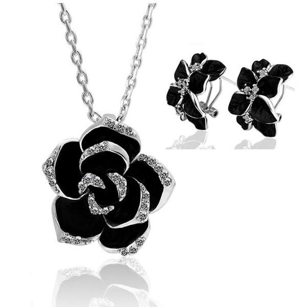 Modern Fashion Rose Flower Enamel Elegant Jewelry Set Luxury Rose Gold Color Black Painting New Bridal Jewelry Sets For Women Wedding