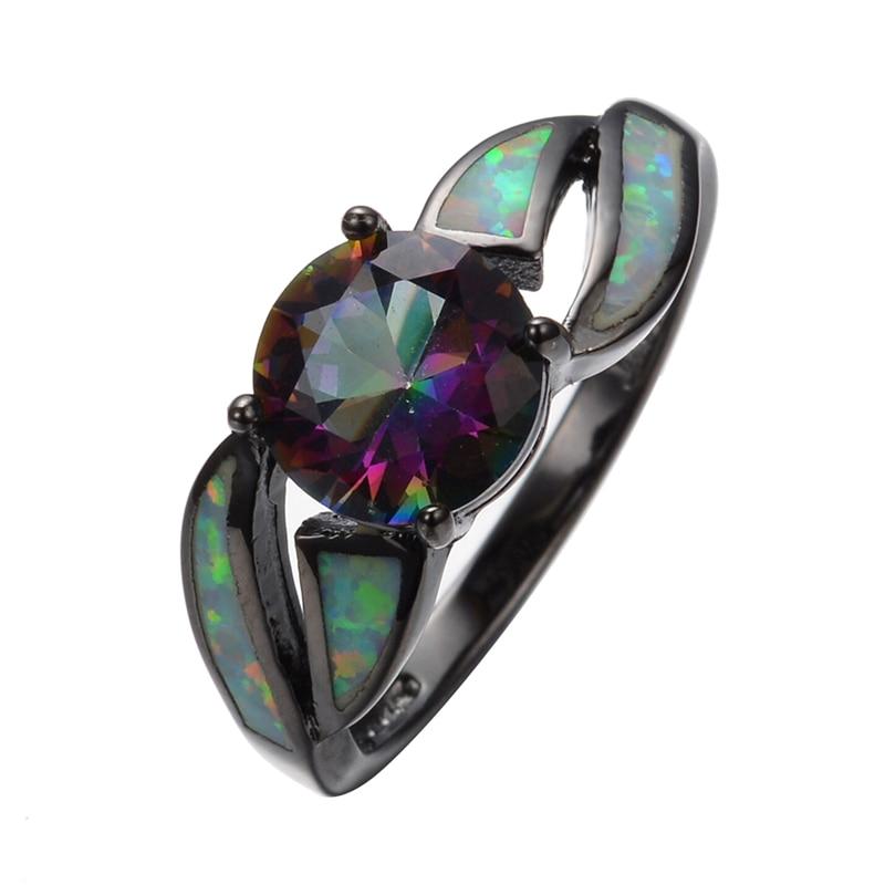 Charming  Fire Opal Ring Colorful Sappjire Women Rainbow Jewelry Black Gold Filled Engagement Rings In Modern Elegant Design