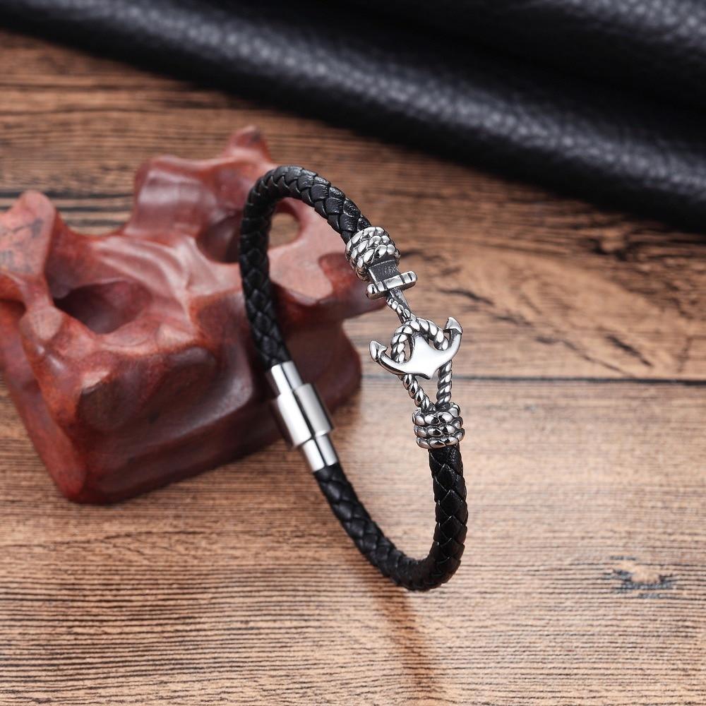 Modern Design Popular Black Leather Anchor Luxury Bracelet For Men Stainless Steel Leather Bracelet Elegant And Couple Bracelet