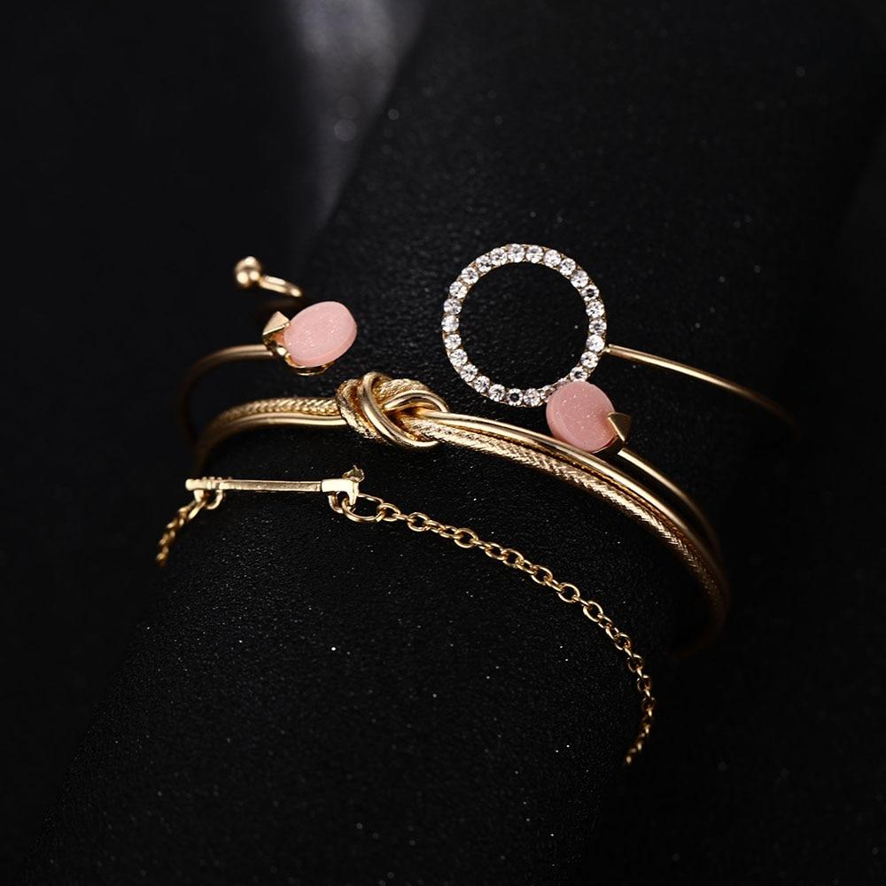 Luxury Modern  Gold Crystal Circle Arrow Bracelets Set for Women In Bohemian Pink Opal Adjustable Charm Bracelet Jewelry Style for Women and Ladies