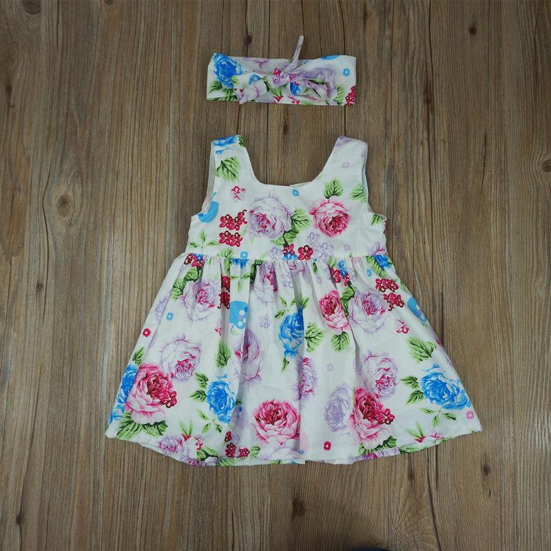 Toddler Kids Baby Girl Floral Tank Button Sleeveless Sundress With Match Headband For Infant Girl Clothes