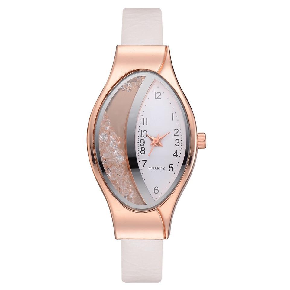 Women Fashion Luxury Watch Leather Strap Women Bracelet Clock Ellipse Rhinestone PU Sport Quartz Watch Wrist Watches For Women and Girls