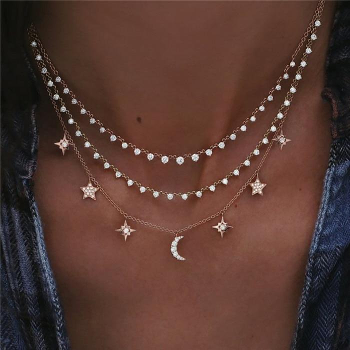 Luxury Modern Moon and Star Arabic Crystal Choker Multilayer Chain Necklaces For Women Luxury Jewelry Vintage Cool Style For Ladies