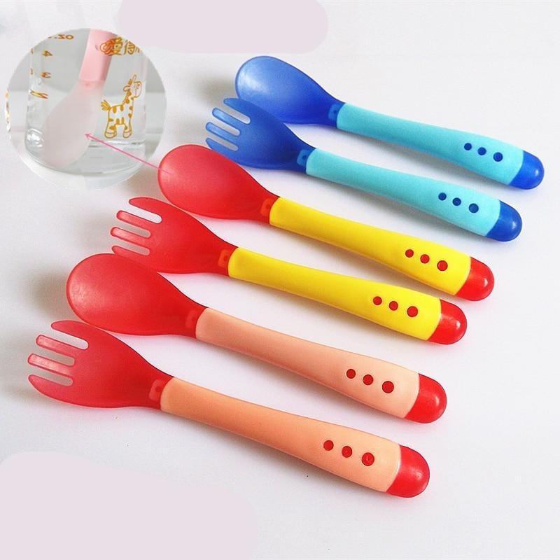 3Pcs Set Baby Dishes With Suction Cup Assist Food Bowl Temperature Sensing Spoon Baby Tableware Baby Utensils Spoon+Fork