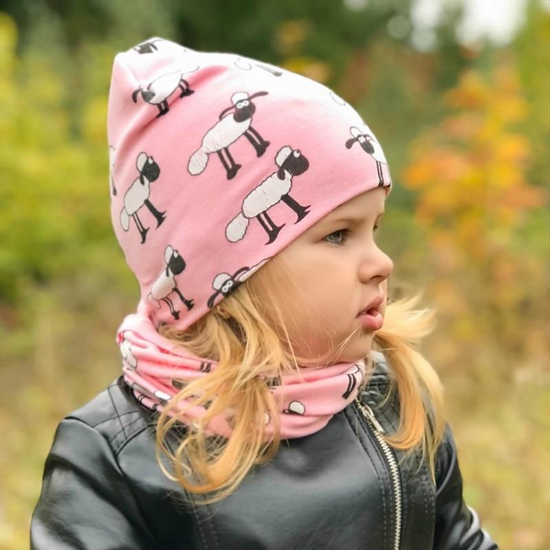 Modern Children Girls Cartoon Sheep Printing Cotton Hat and Scarf Animal Pattern Kids Caps Baby Beanie