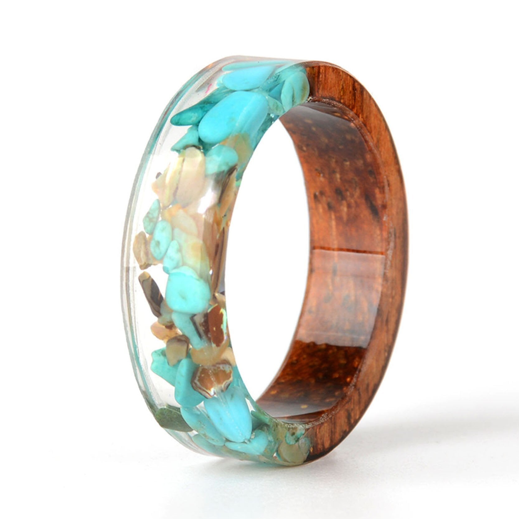 Handmade Elegant Romantic Dried Colorful Real Flower Wood Resin Epoxy Ring Gold Foil Inside Ring for Women