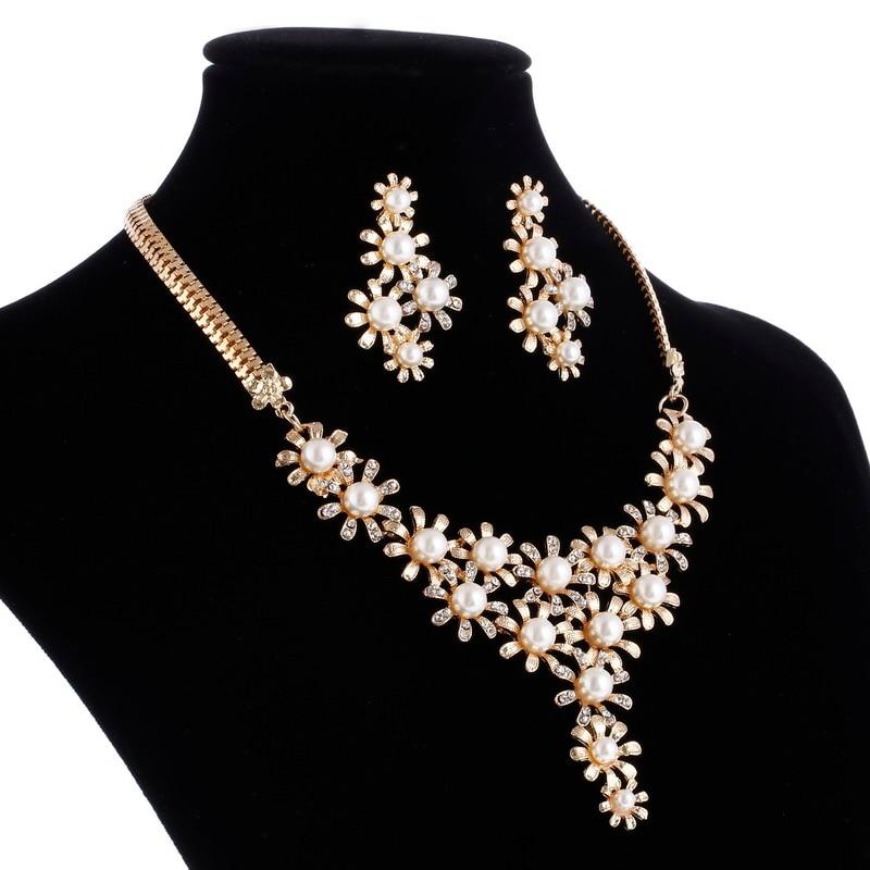 Bridal Simulated Pearl Jewellery Sets for Women's Dresses Accessories Cubic Necklace Earrings Set Gold Color