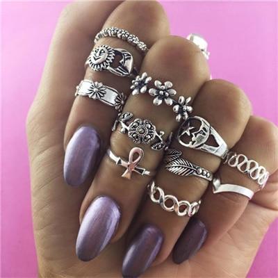 Elegant Vintage Punk Ring Set Luxury Hollow Flower Midi Finger Rings For Women Epic Bohemia Carving Leaf Sliver Gold Rings