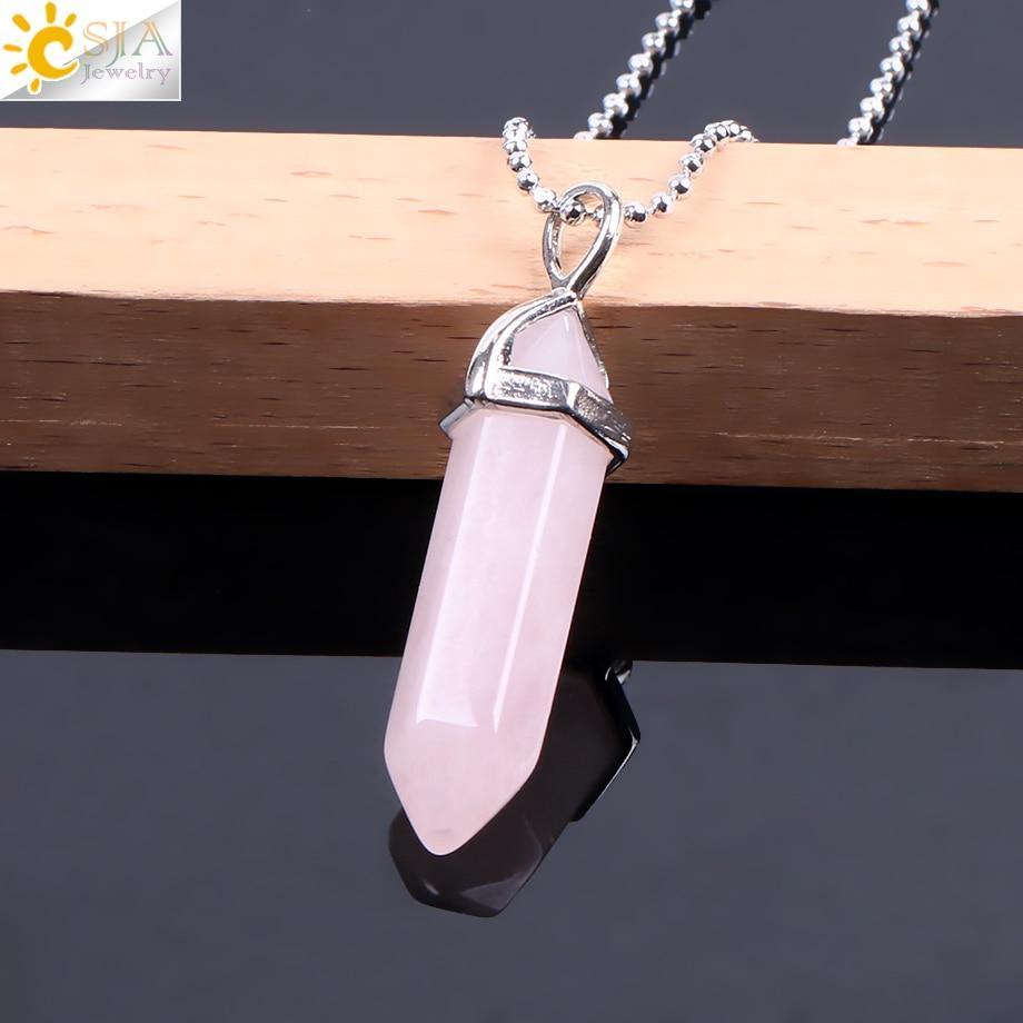 Real Raw Pink Purple Gem Crystal Necklace Hexagonal Bullet Natural Stone Necklace Pendant Women Jewelry