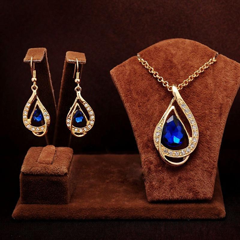 Unique Design Double Layer Water Drop Jewelry Sets for Women Fashion Crystal Necklace Earrings Bridal Wedding Jewelry Sets Gift