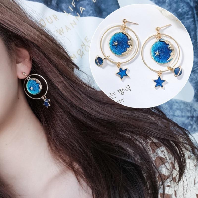 New Modern Fashion Blue Space Universe Elegant Moon Star Luxury Earrings For Women Perfect Gold Color Universe Planet Circle Asymmetry Trendy Long Earrings