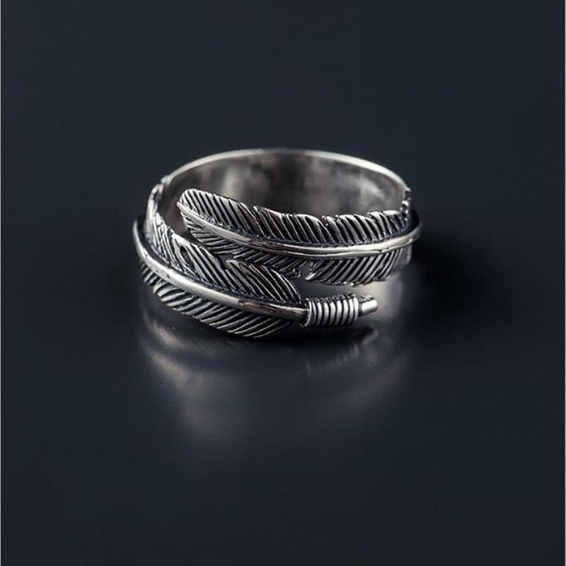 Retro High-Quality 925 Sterling Silver Jewelry  Silver Not Allergic Personality Feathers Arrow Opening Rings