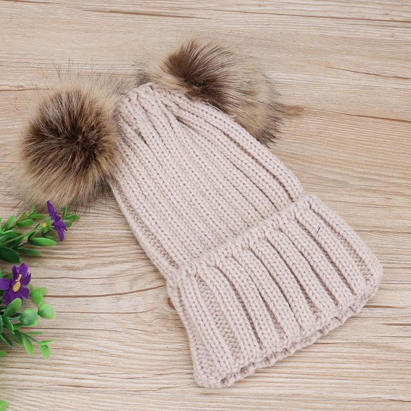 Fashion Parent-child Caps Cute Infant Baby Pom Pom Cap Winter Double Fur Ball Hat Baby Mom Warm Knitted Hat