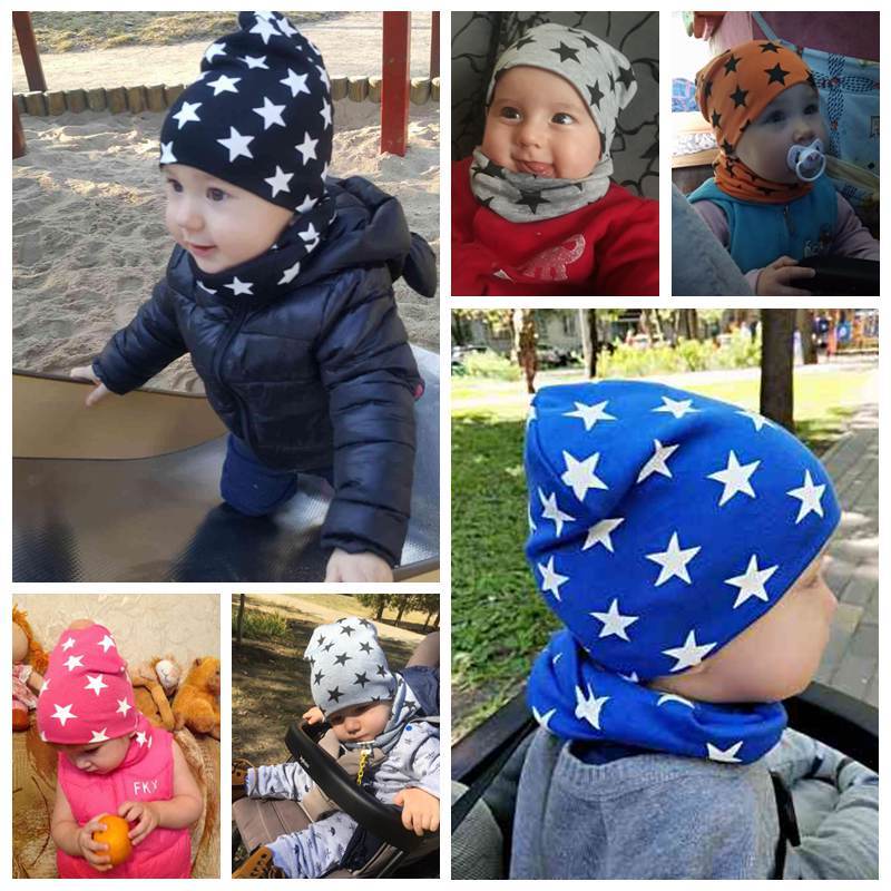 Modern New Trend Baby Hat Scarf Star Prints Cotton Children Boys Girl Cap Beanie Neck Collar Scarf Autumn Winter Warm Kids Hats For Kids