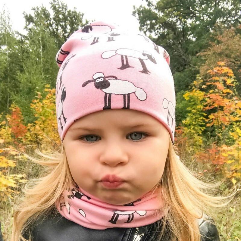 Modern Children Girls Cartoon Sheep Printing Cotton Hat and Scarf Animal Pattern Kids Caps Baby Beanie