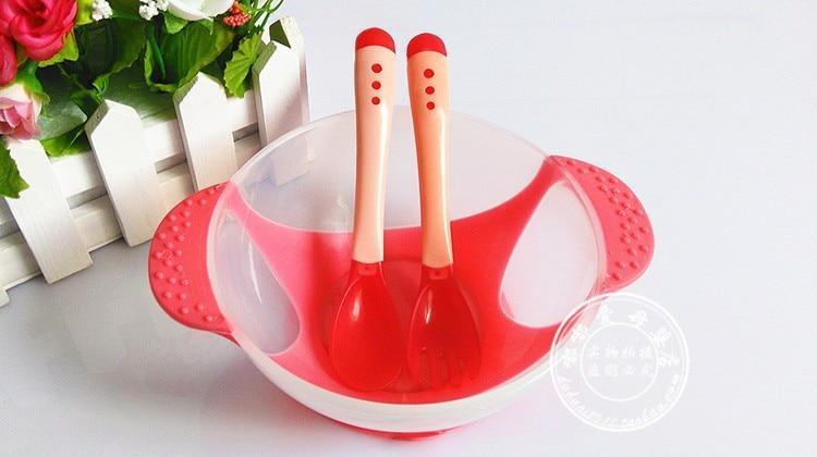 3Pcs Set Baby Dishes With Suction Cup Assist Food Bowl Temperature Sensing Spoon Baby Tableware Baby Utensils Spoon+Fork