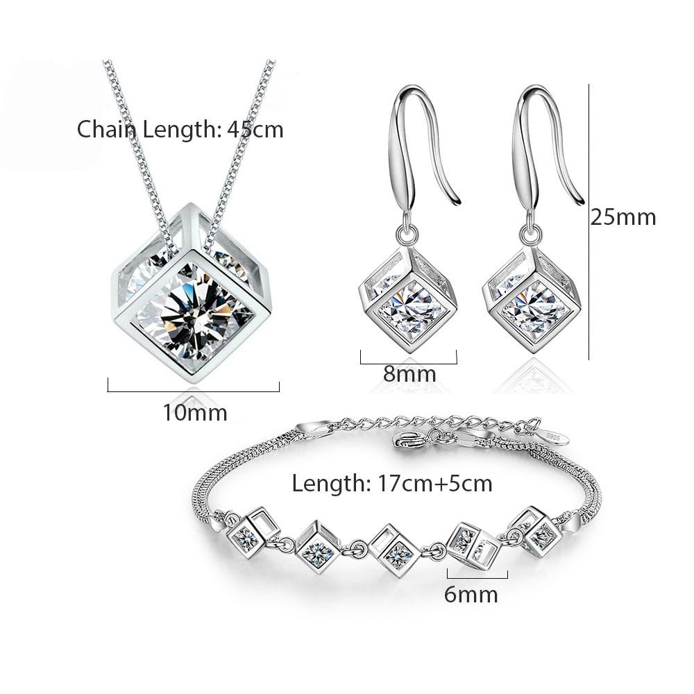 New Style Stamp Silver Color Jewelry Luxury Sets Zircon Elegant Square Cube Necklace Earrings Bracelet For Women