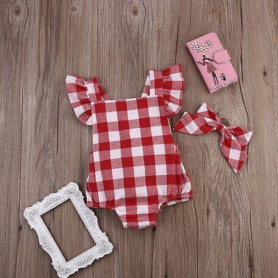 Modern New Newborn Kids Baby Girls Plaid Ruflles Romper Jumpsuit Clothes Outfit Set For Girls