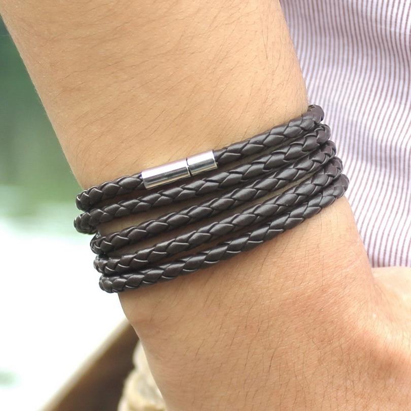 NEW Trendy Black Retro Wrap Long Leather Men Brecelets Bangles Fashion Sporty Chain Link Male Charm Bracelet