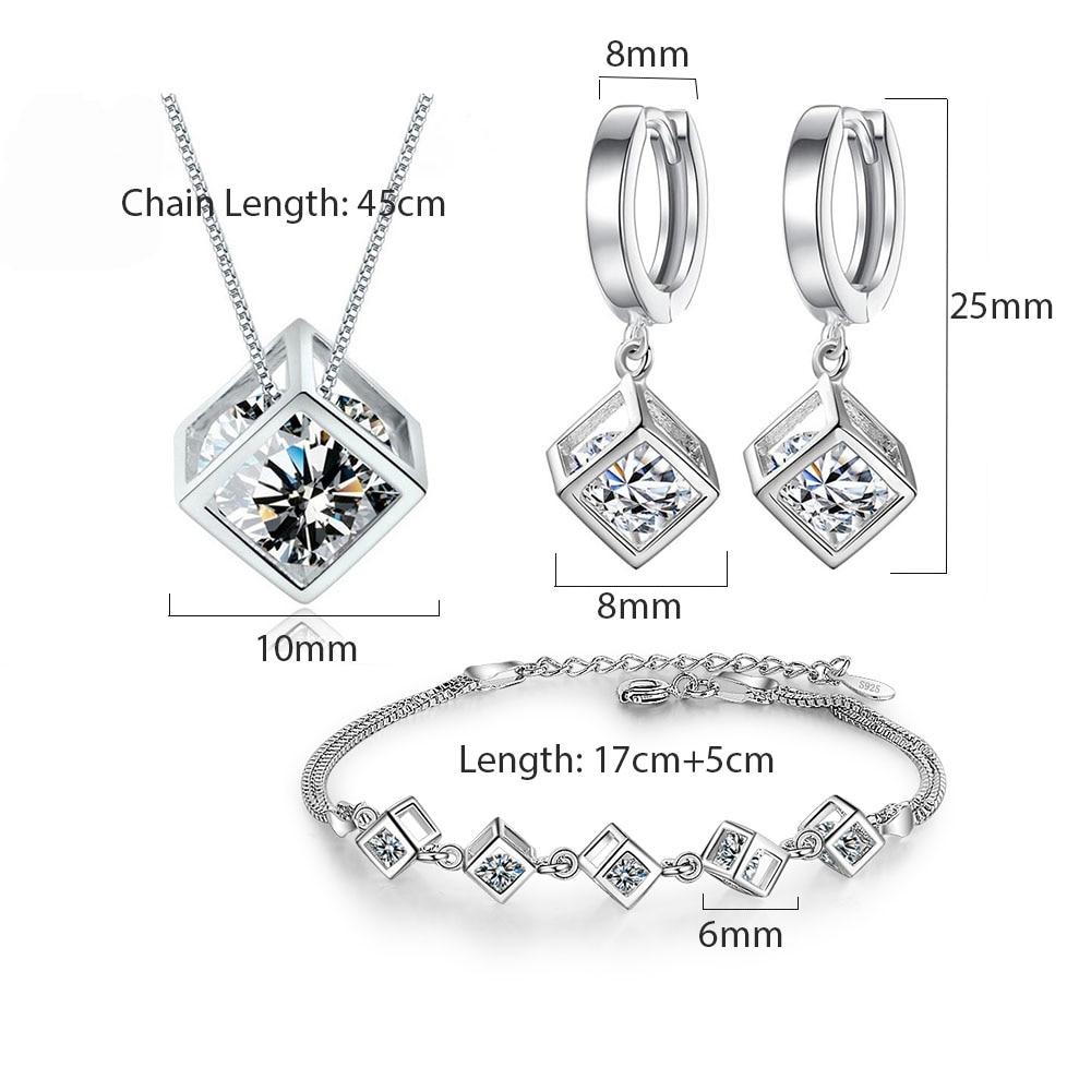 New Style Stamp Silver Color Jewelry Luxury Sets Zircon Elegant Square Cube Necklace Earrings Bracelet For Women