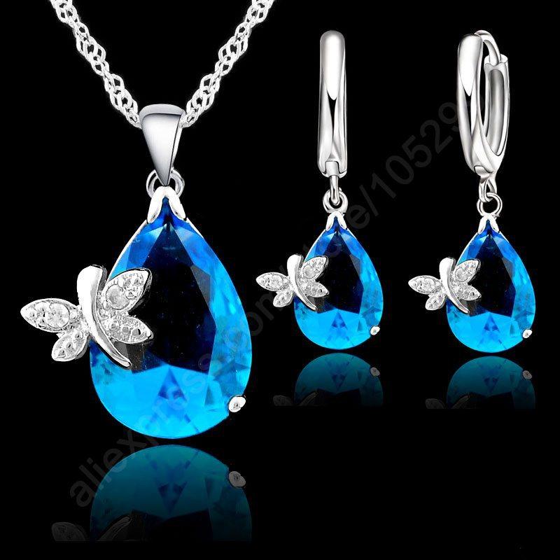 Luxury Modern Design Fine Water Drop Austrian Crystal Bridal Wedding Jewelry Sets For Women Made from 925 Sterling Silver Material Excellent Necklaces Earrings Set for Gift