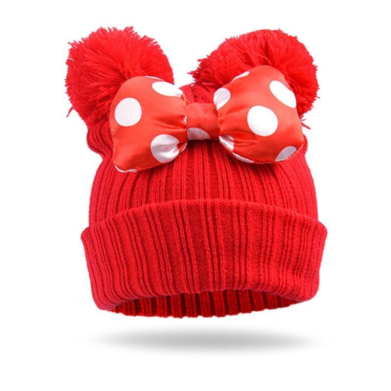 Modern Cartoon Big Bow Baby Hat Cap Kids Knitted Cotton Beanie  Warm Girls Double Pompom Hats